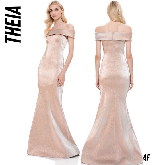 THEIA OFF-SHOULDER GLITTER GOWN IN ROSE GOLD NWT NEW SIZE 6 - Picture 1 of 11